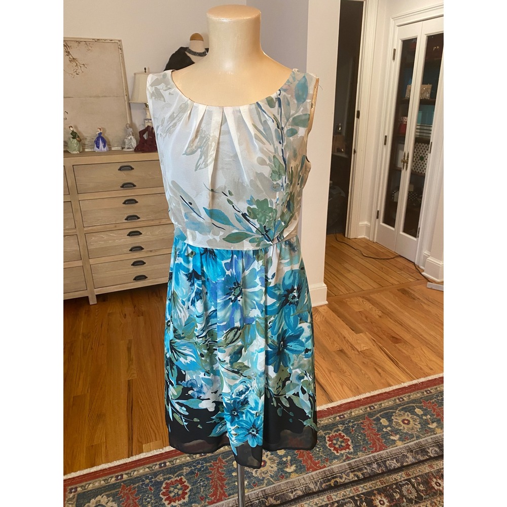 Connected Apparel Womens Floral Sleeveless Pleated Dress Blue Green 6P TEK93557P